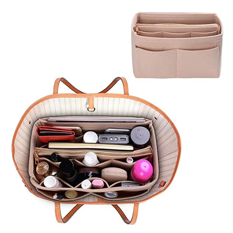 A beige felt cosmetic organizer pouch with multiple compartments and a matching zippered storage case.
