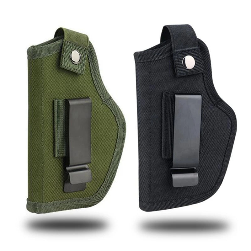 Olive green concealment holster for a firearm with a metal belt clip