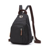 A dark gray canvas backpack with brown straps and a zippered pocket is shown from the back.