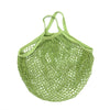 A light green reusable organic cotton mesh grocery tote bag with handles.