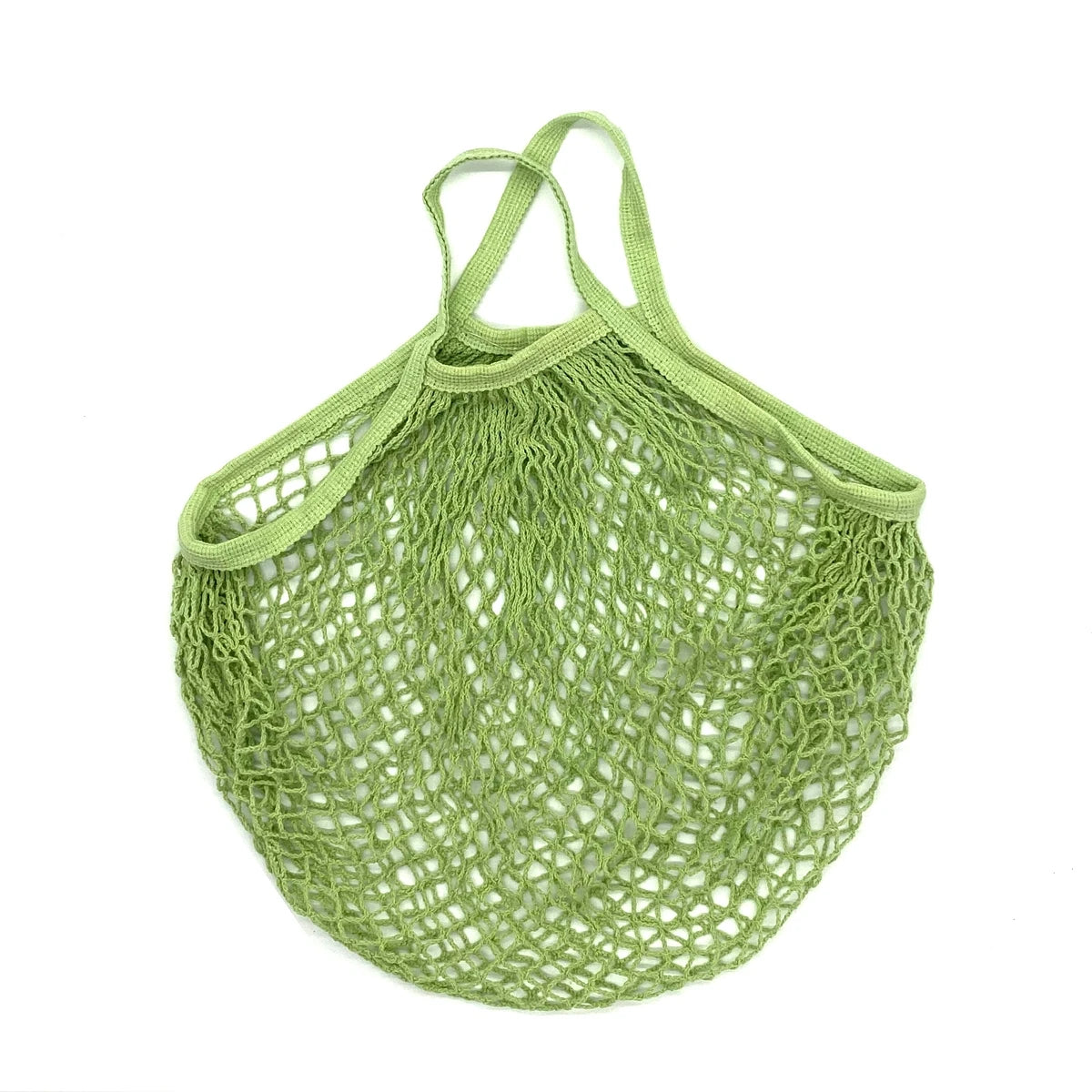 A light green reusable organic cotton mesh grocery tote bag with handles.