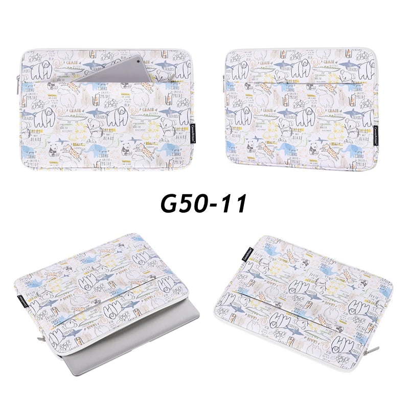 A set of slim waterproof laptop sleeves featuring a light background with watercolor illustrations and text.