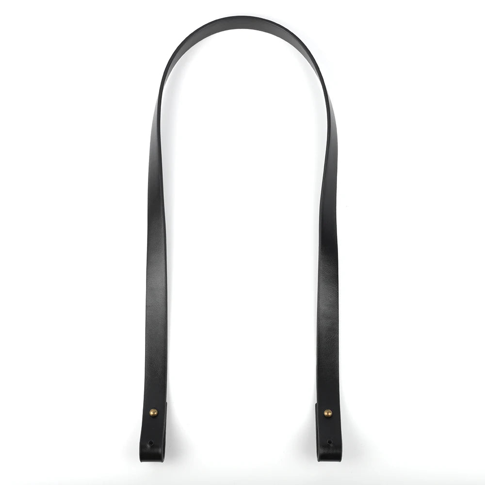 A black adjustable PU leather crossbody strap displayed against a white background.