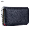A black genuine leather accordion card holder wallet with silver zipper details.
