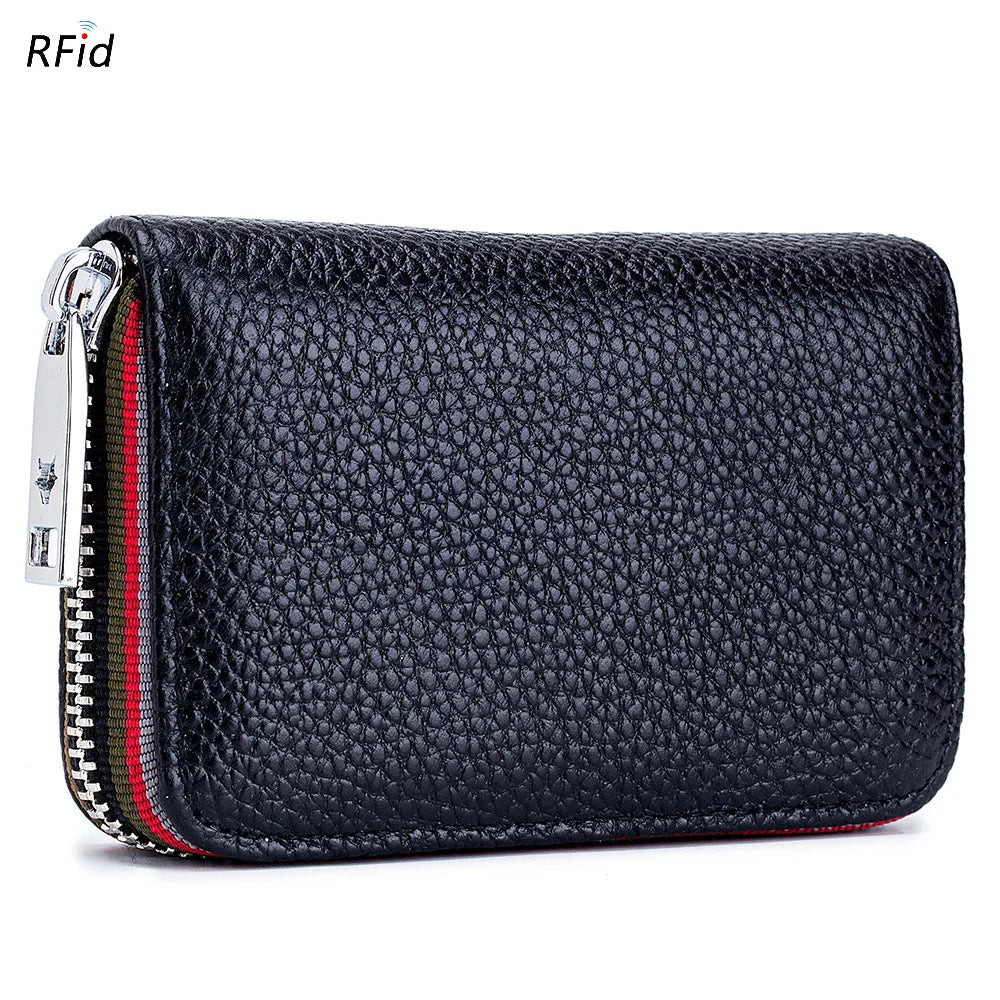 A black genuine leather accordion card holder wallet with silver zipper details.