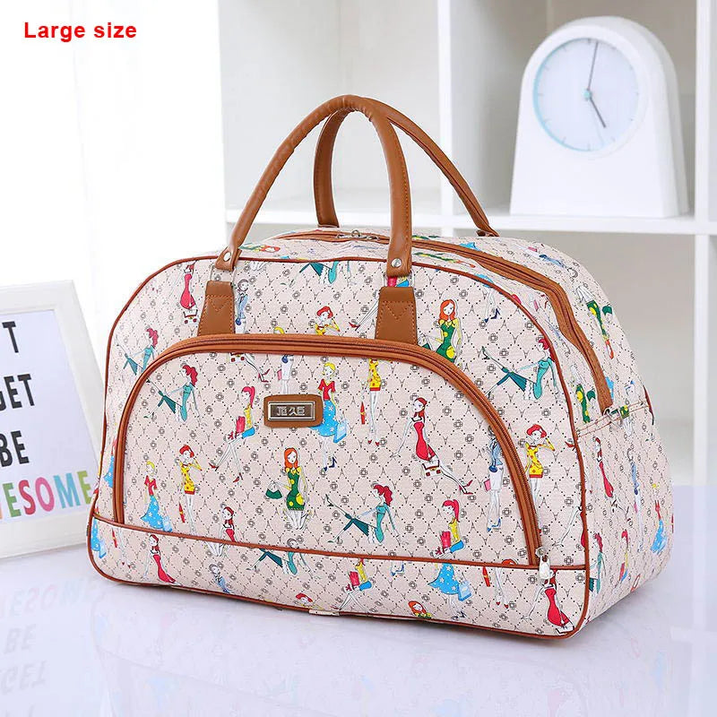 A large patterned PU leather travel duffel bag with brown handles resting on a white shelf.