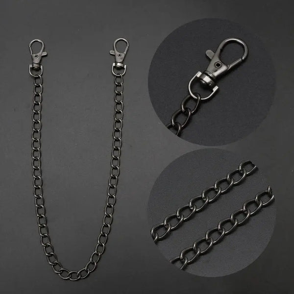 A set of adjustable metal chains, including a long necklace chain and two shorter link chains, displayed against a dark backg