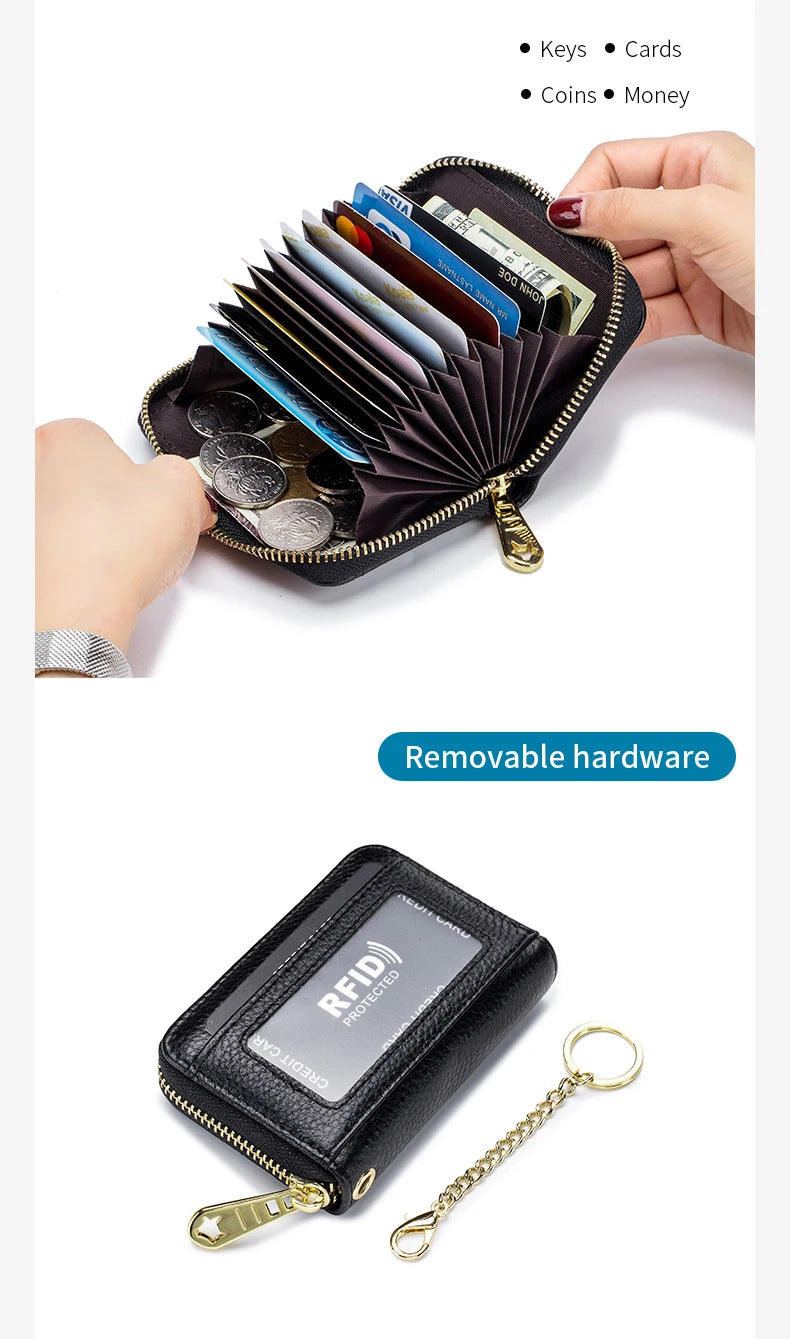 Cartera billetera de cuero genuino negro con cadena dorada adjunta.