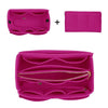 A bright pink felt cosmetic organizer pouch shown in three views: a flat view, a folded view, and an open view displaying mul