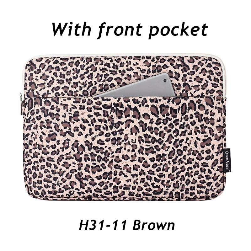 Brown leopard print laptop sleeve with a front pocket