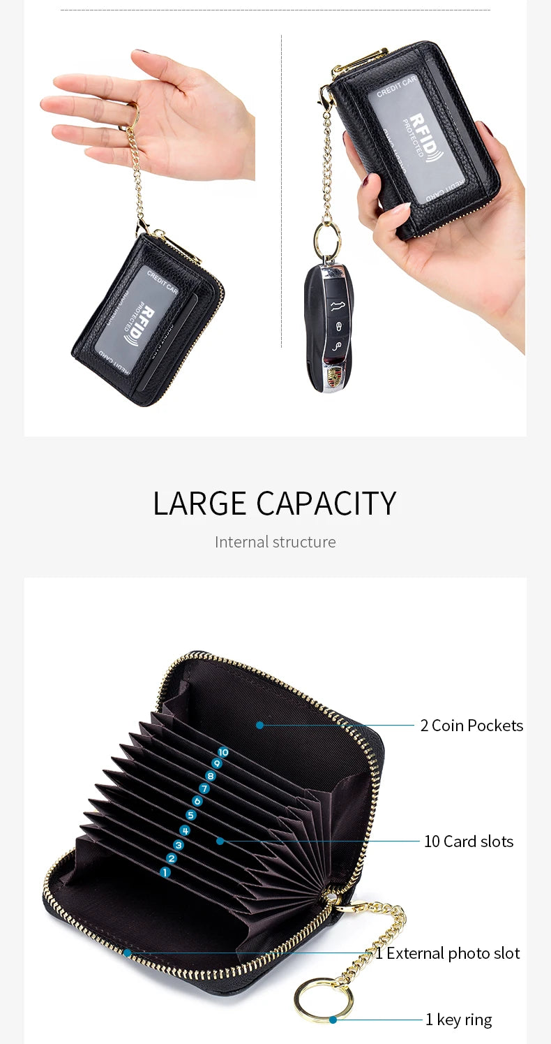 Cartera de cuero genuino negra con compartimentos para monedas, ranuras para tarjetas y llave