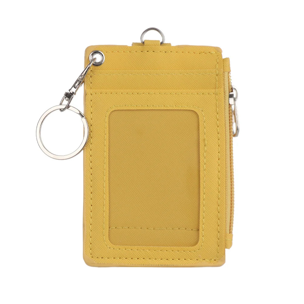 A yellow PU leather card holder wallet with a silver keychain attached.