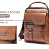 Brown leather storage pouch with a zipper and strap, designed for rechargeable treasure or mobile phone.