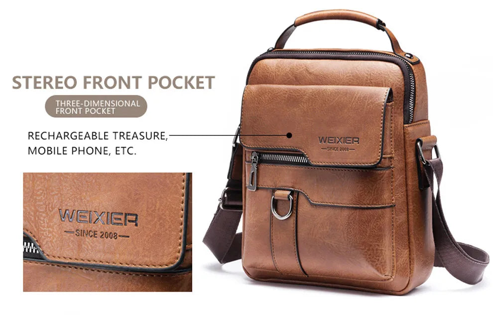 Brown leather storage pouch with a zipper and strap, designed for rechargeable treasure or mobile phone.
