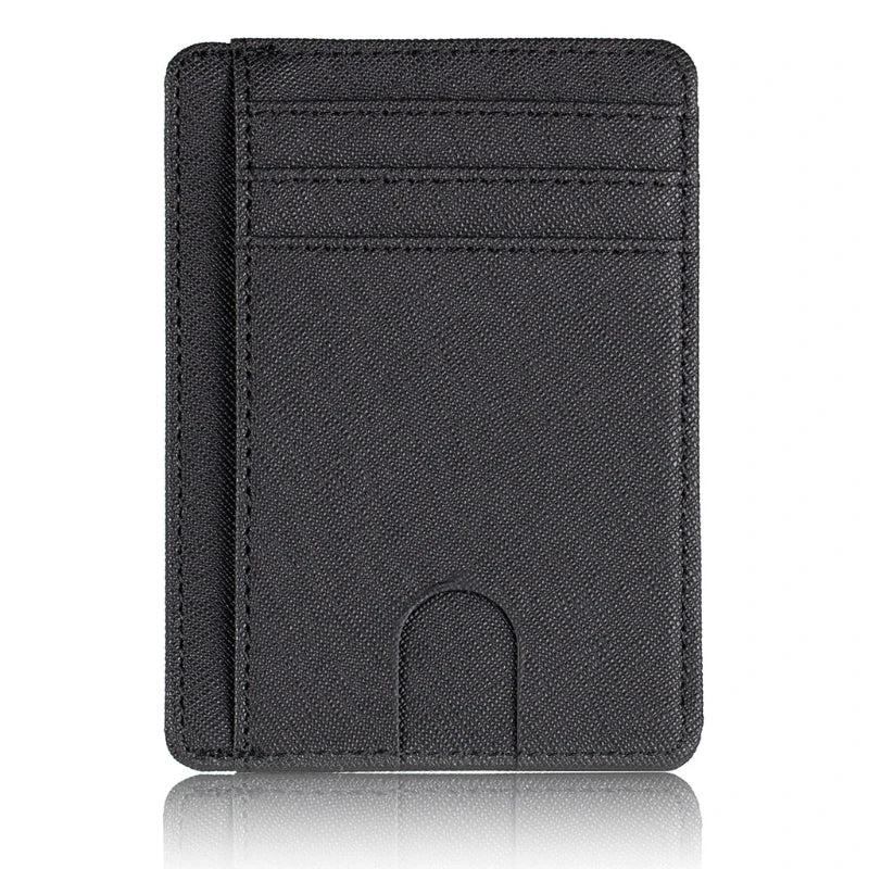 A black slim leather card holder wallet with a slot for cards.