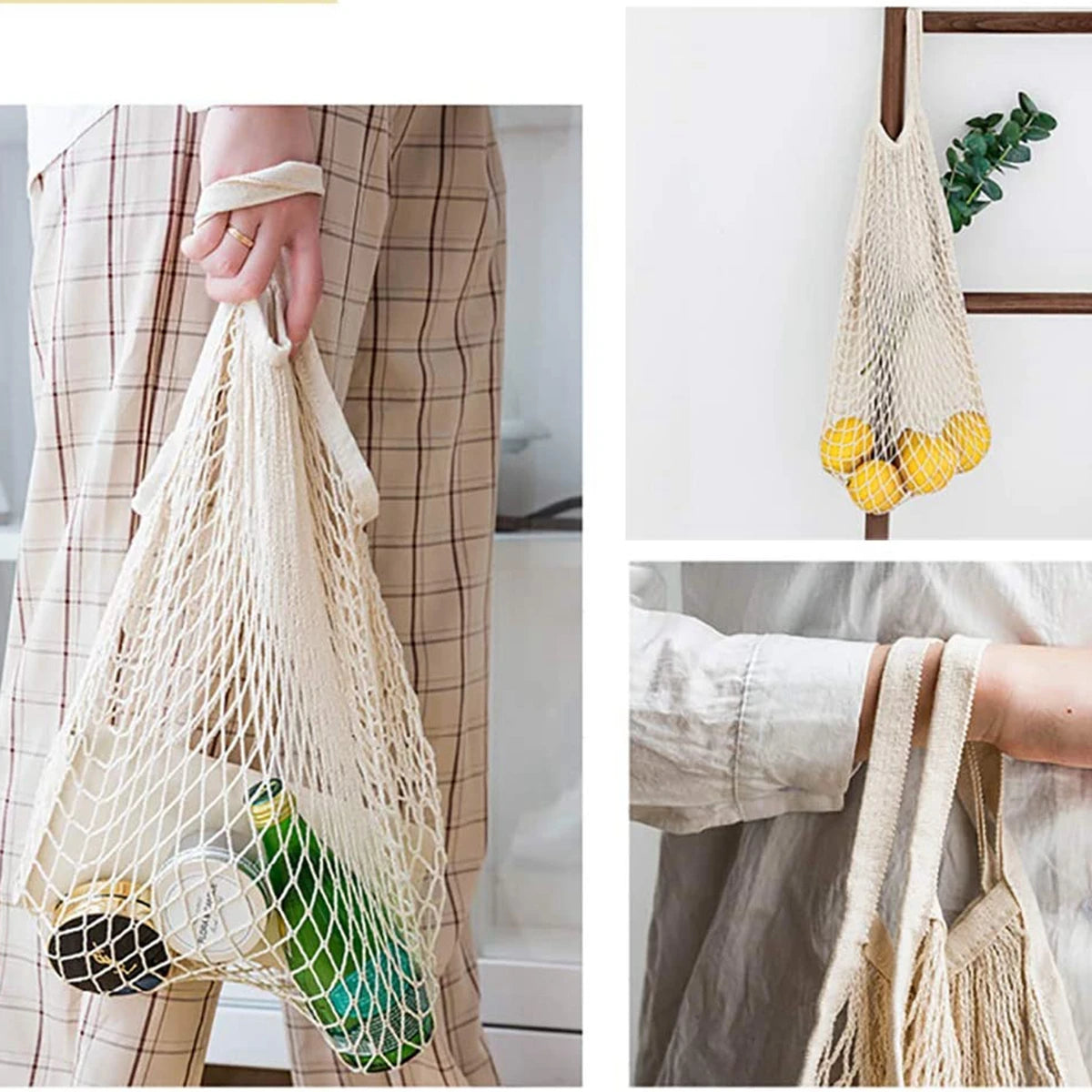 A hand holds a beige mesh grocery tote bag filled with produce, set against a light background.