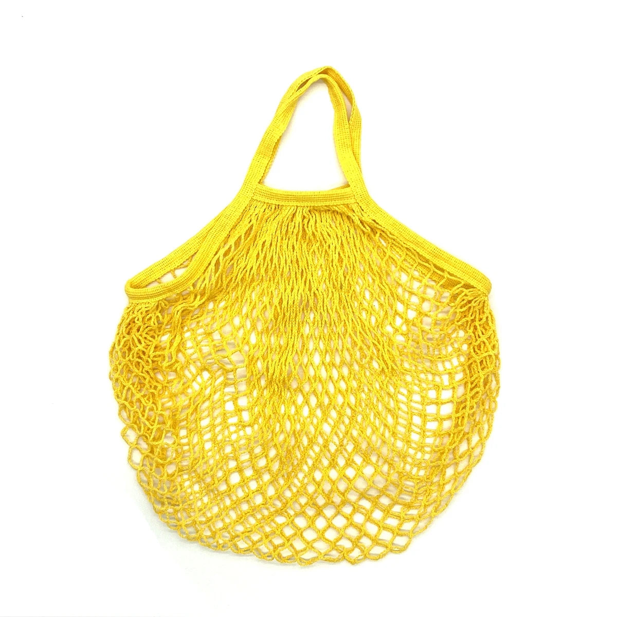 A bright yellow reusable organic cotton mesh grocery tote bag with a drawstring top.