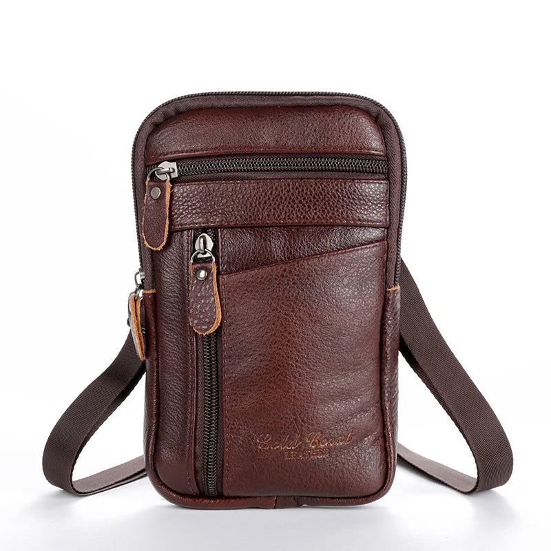 A brown genuine leather crossbody phone pouch belt bag with a zipper and leather strap.