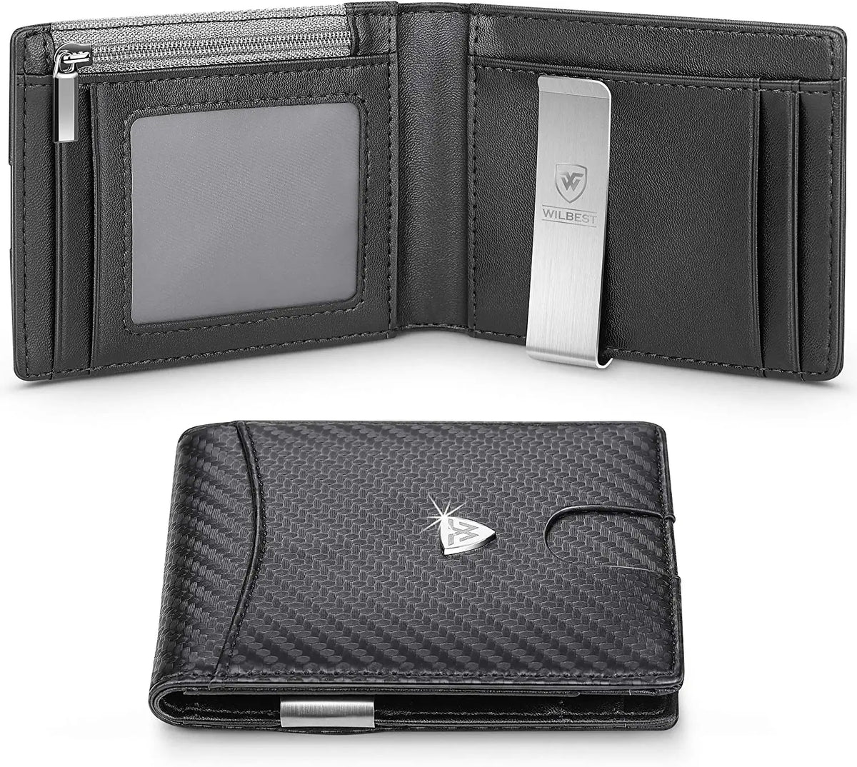 Portefeuille à carte noir en fibre de carbone fine pour homme avec support de carte en métal argenté.