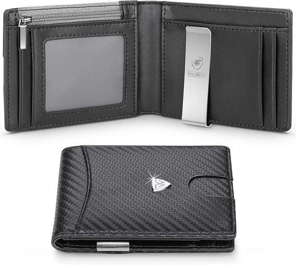 A black slim carbon fiber men's card wallet with a silver metal card holder.