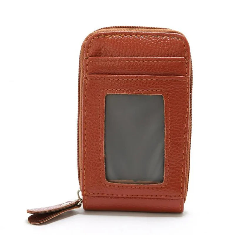A brown genuine leather multi-slot wallet for cards and cash shown from the side.