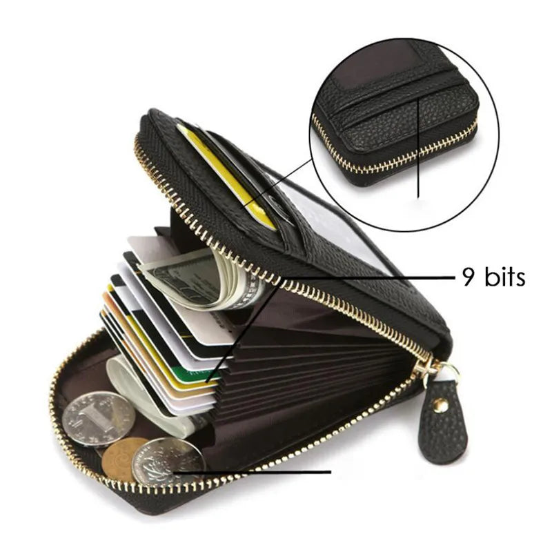 A dark brown genuine leather multi-slot wallet showing various cards and cash, with a separate zippered pouch displayed above