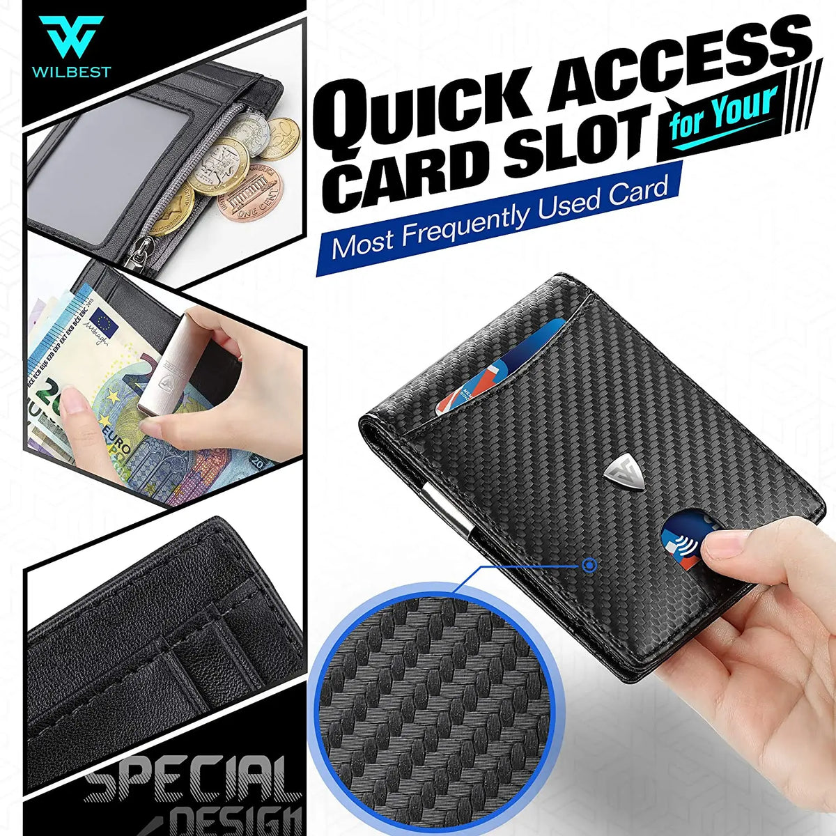 Portefeuille pour hommes en fibre de carbone noire, mince, avec emplacement de carte d'accès rapide