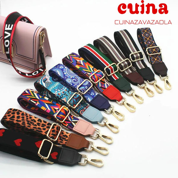 A collection of colorful patterned adjustable shoulder strap messenger bags and a pink bag.