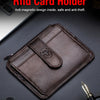 A brown genuine leather RFID card holder is shown on a dark surface, emphasizing its anti-magnetic and anti-theft features.
