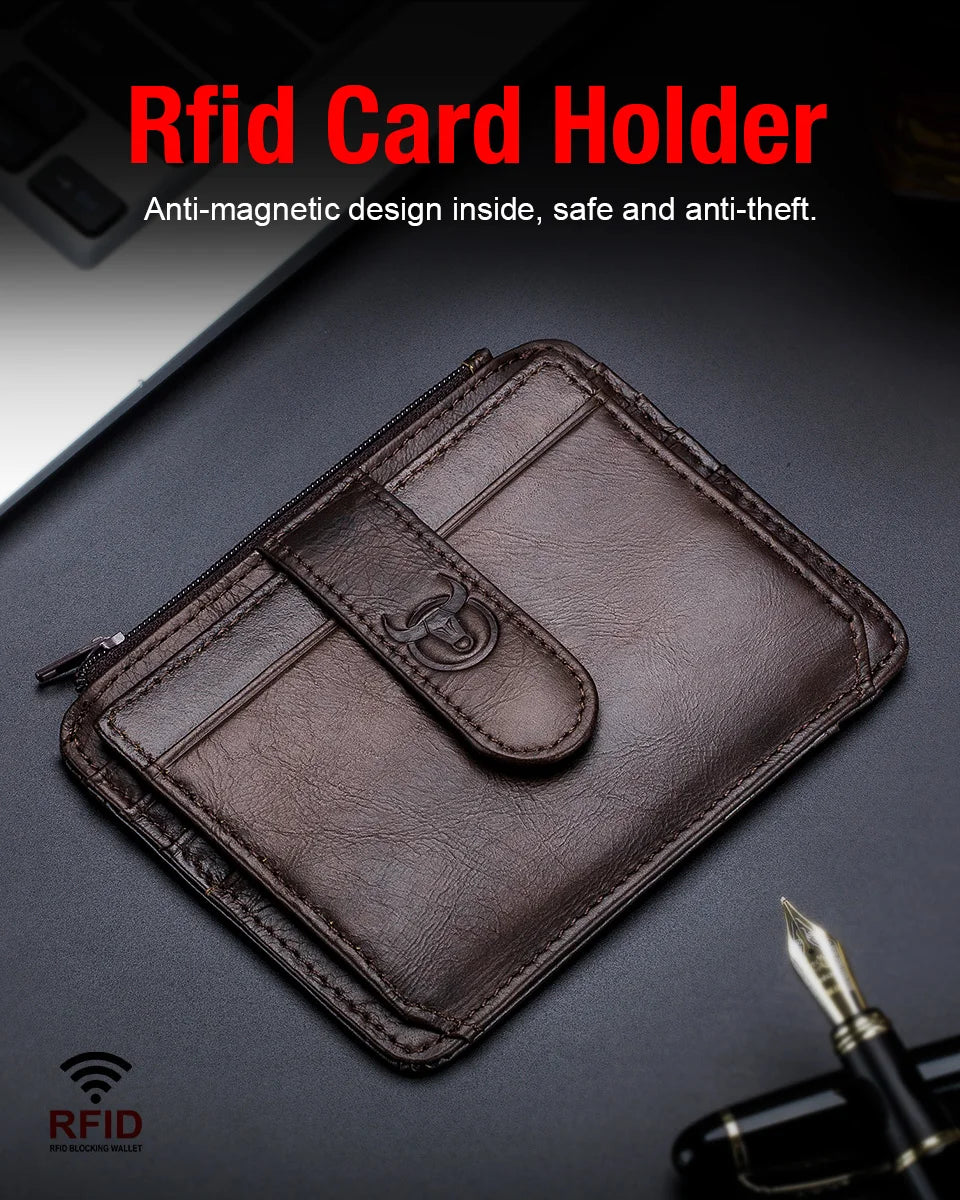 A brown genuine leather RFID card holder is shown on a dark surface, emphasizing its anti-magnetic and anti-theft features.