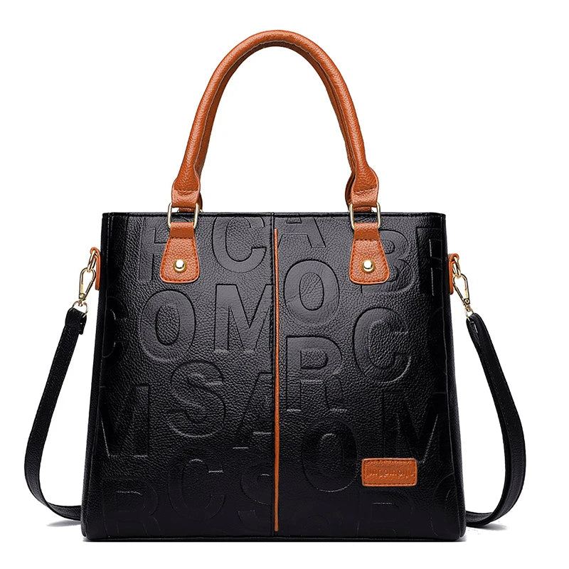 Sac bandoulière en cuir PU noir avec poignée et sangle en cuir marron