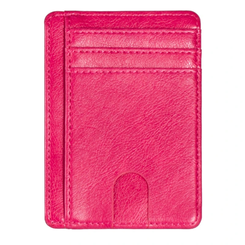 A vibrant pink slim leather card holder wallet with a rounded edge.