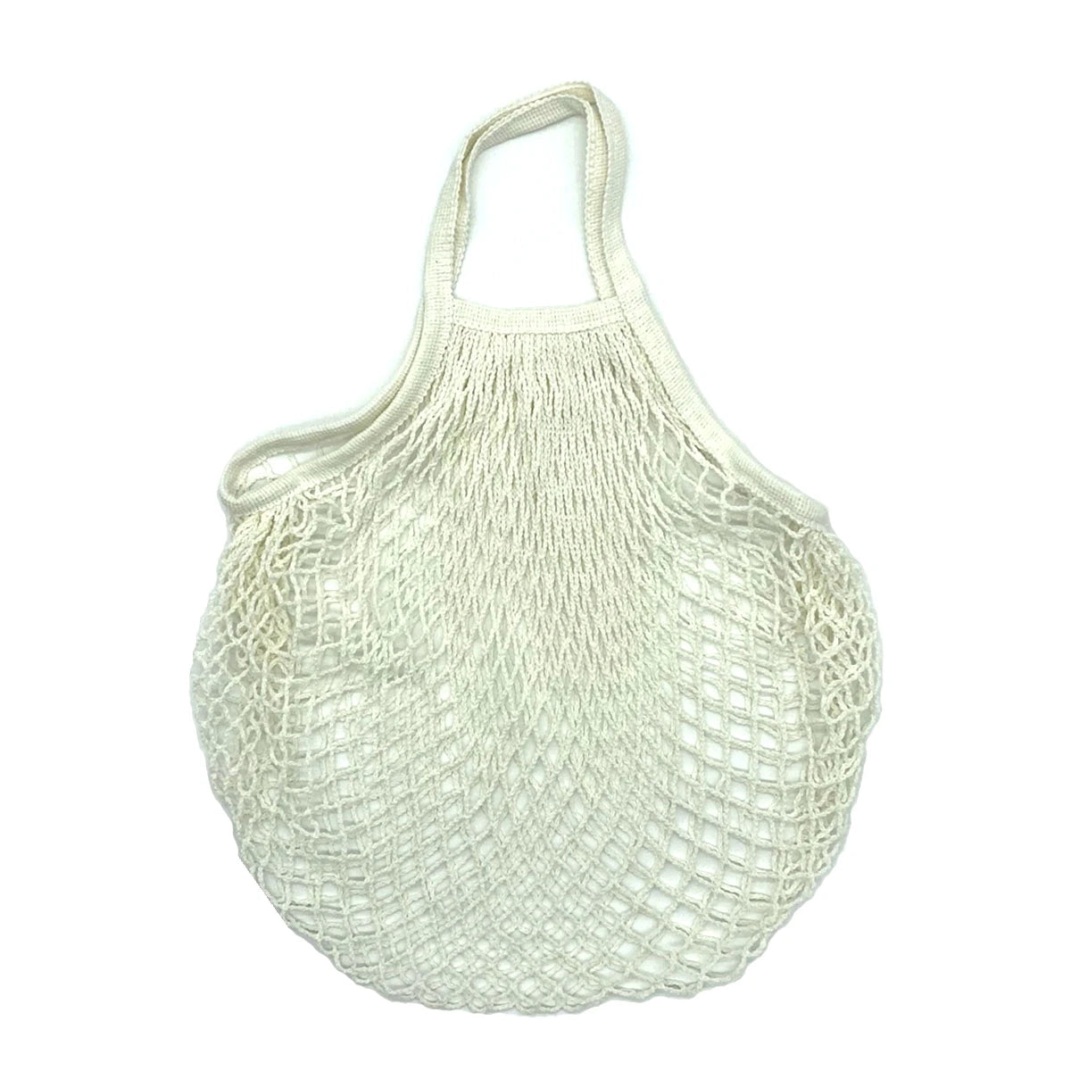 A light cream colored reusable organic cotton mesh grocery tote bag with a drawstring closure.