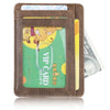 A brown leather card holder wallet with a green card featuring a cartoon character.