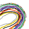 A spiral arrangement of colorful belly bead chains featuring various shades of black, white, blue, purple, orange, and green 