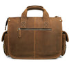 A brown genuine cowhide leather briefcase with a top handle and zippered compartment.