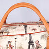 A tan PU leather travel duffel bag featuring a map print and Eiffel Tower illustrations.