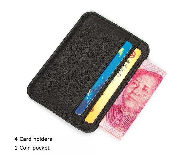 Cartera de cuero genuino de oveja negra con cuatro ranuras para tarjetas y un bolsillo para monedas