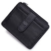 Black genuine leather RFID blocking card holder with a stitched closure.