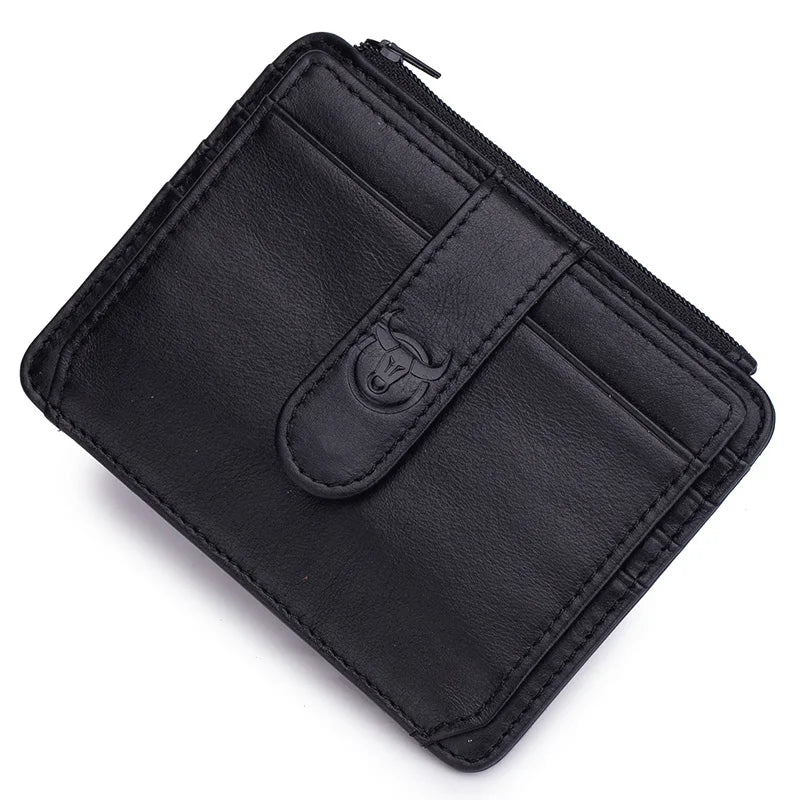 Black genuine leather RFID blocking card holder with a stitched closure.