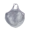A light gray reusable organic cotton mesh grocery tote bag with a drawstring closure.