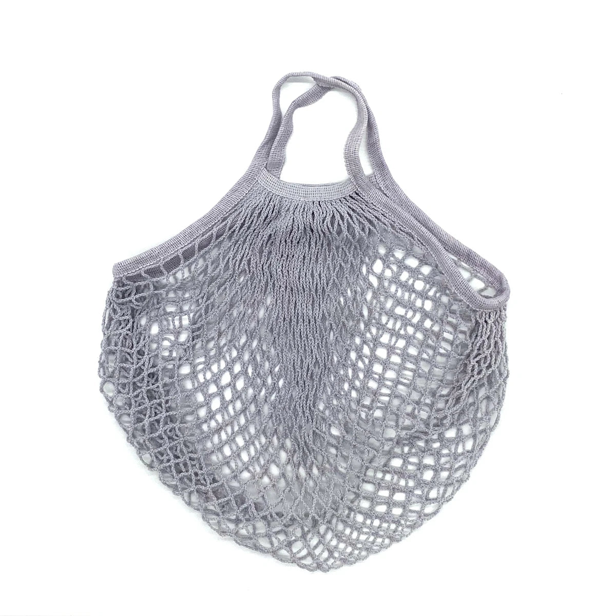 A light gray reusable organic cotton mesh grocery tote bag with a drawstring closure.