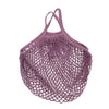 A purple reusable organic cotton mesh grocery tote bag with a drawstring closure.