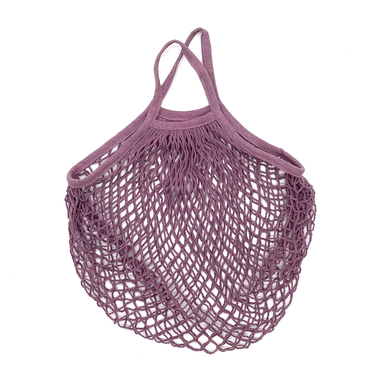 A purple reusable organic cotton mesh grocery tote bag with a drawstring closure.