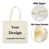 Bolso de tela beige con cremallera, mostrando opciones para tu diseño y vista interior.