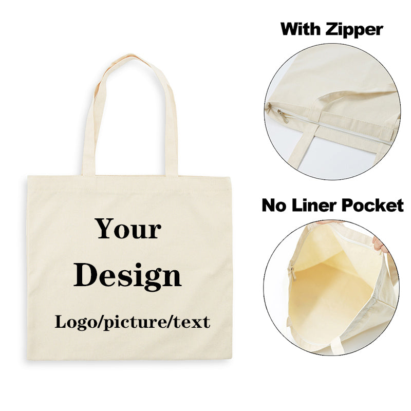Bolso de tela beige con cremallera, mostrando opciones para tu diseño y vista interior.
