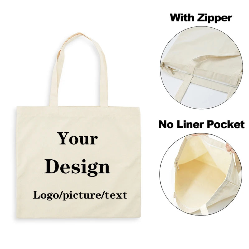 Una bolsa de tela beige con cremallera, mostrando opciones para tu diseño, logo, foto o texto.