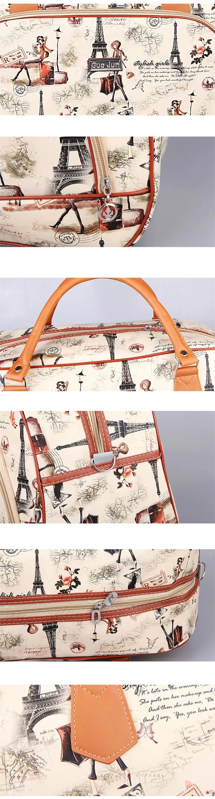 A close-up of a tan PU leather travel duffel bag featuring a vintage Paris theme with Eiffel Tower and floral illustrations.
