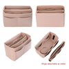 A light pink felt cosmetic organizer pouch with multiple compartments shown in different angles.