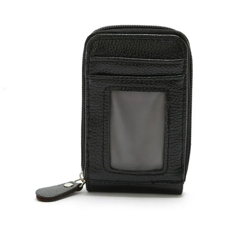 Black genuine leather multi-slot wallet with a clear window and a metal clasp